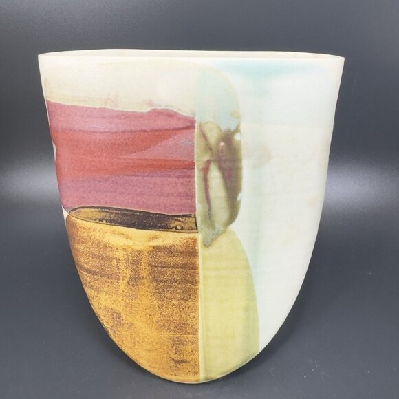 Vintage Hand Made Pottery Vase Vessel Flat Side Stoneware Art Marked Vase Vessel - Picture 9 of 13